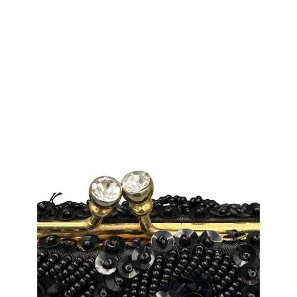 Evening Bag Black Beaded Kiss Lock Rhinestones Gold Chain Sequins See Photos Vtg - Picture 2 of 12